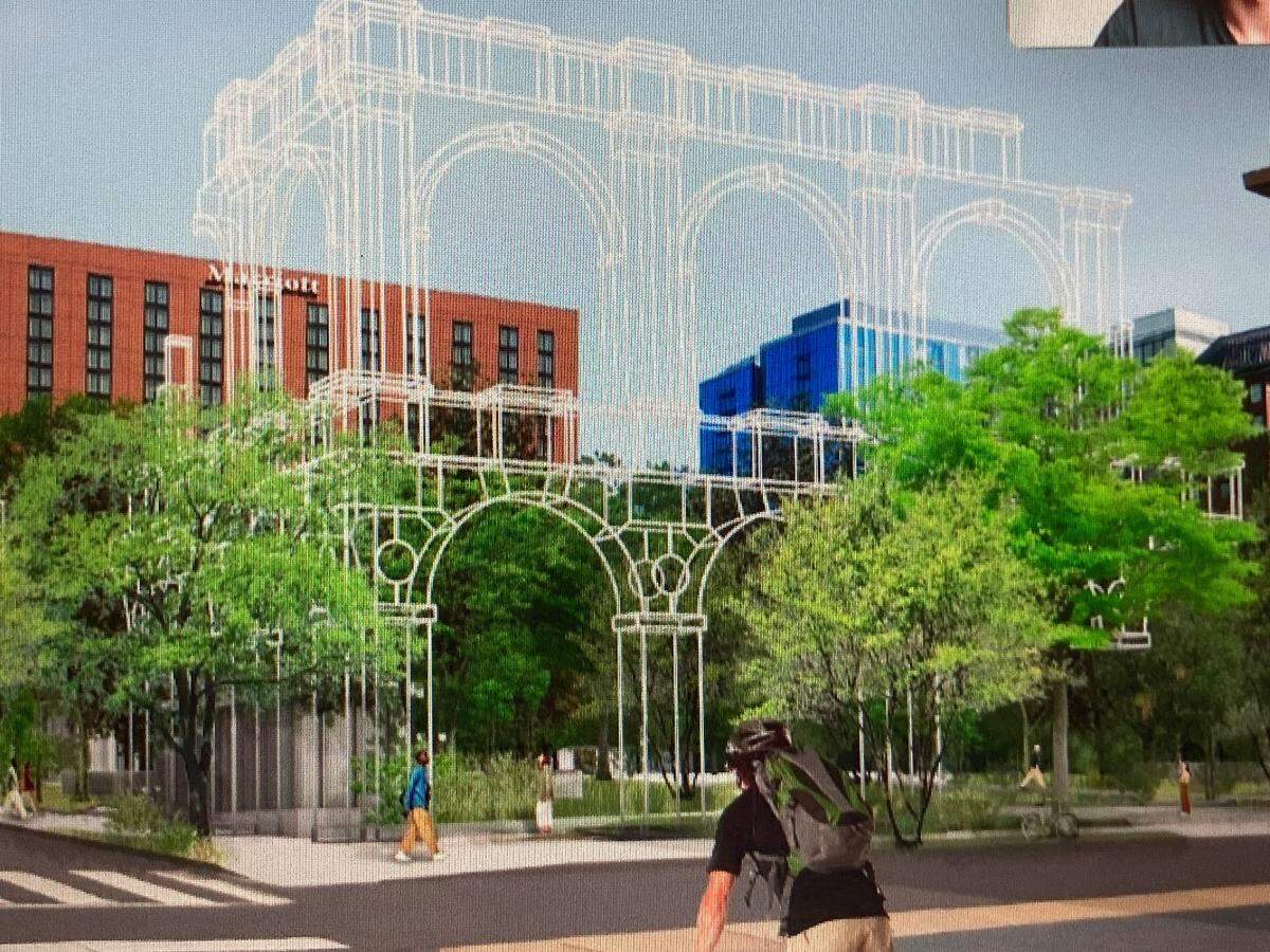 A rendering of the steel sculpture to be erected at the the southwest corner of the new Barney Allis Plaza. Each coner would have a ghost-like “fragment” evoking the former Kansas City Convention Hall that stood on the site of the plaza in 1900. Six “fragments” would frame the periphery of the plaza.