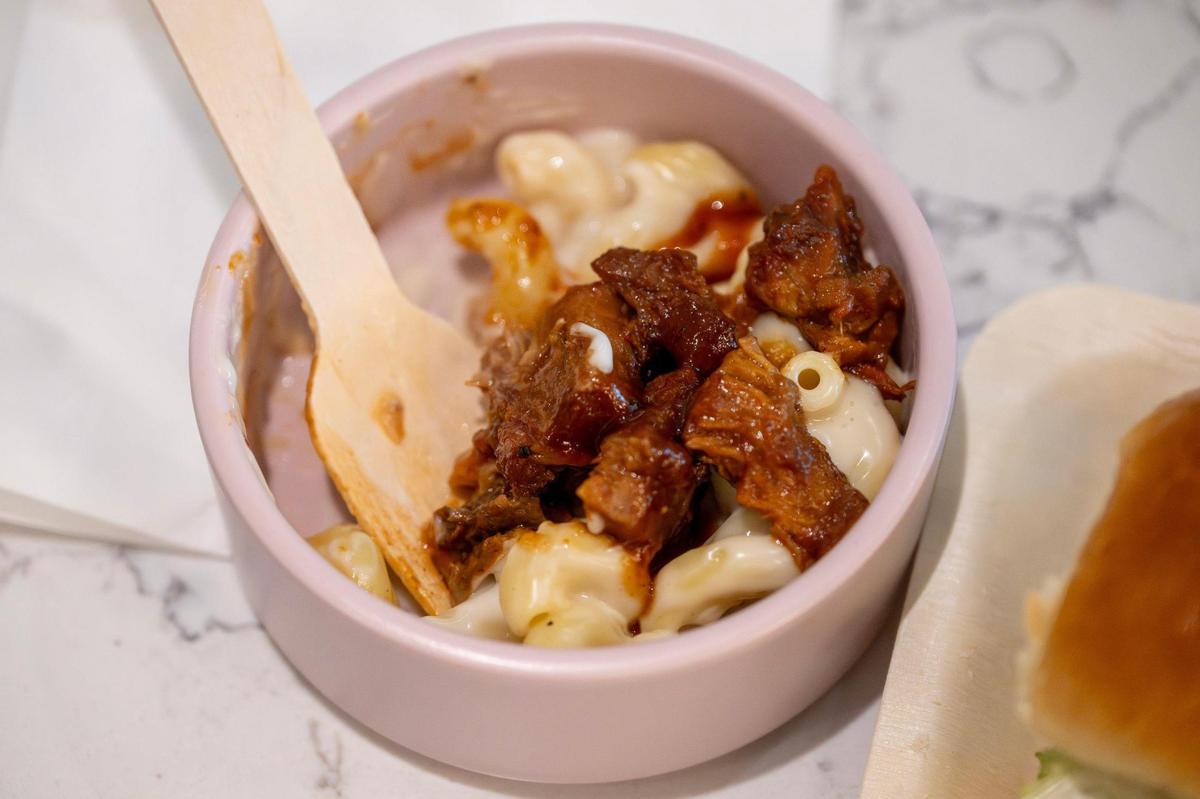Barbecue macaroni and cheese is served during the Escape Lounge grand opening at Kansas City International Airport on Thursday, April 3, 2025.