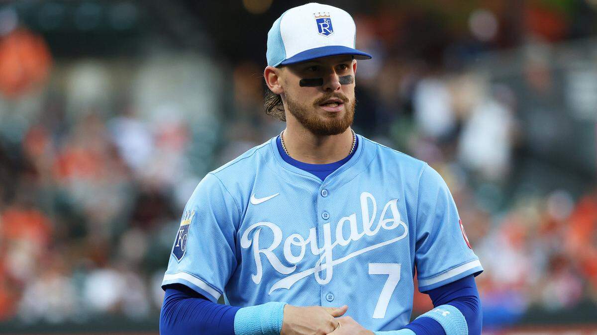 Kansas City Royals shortstop Bobby Witt Jr. (7) looks on before a game against the Baltimore Orioles at Oriole Park at Camden Yards on May 2, 2025.