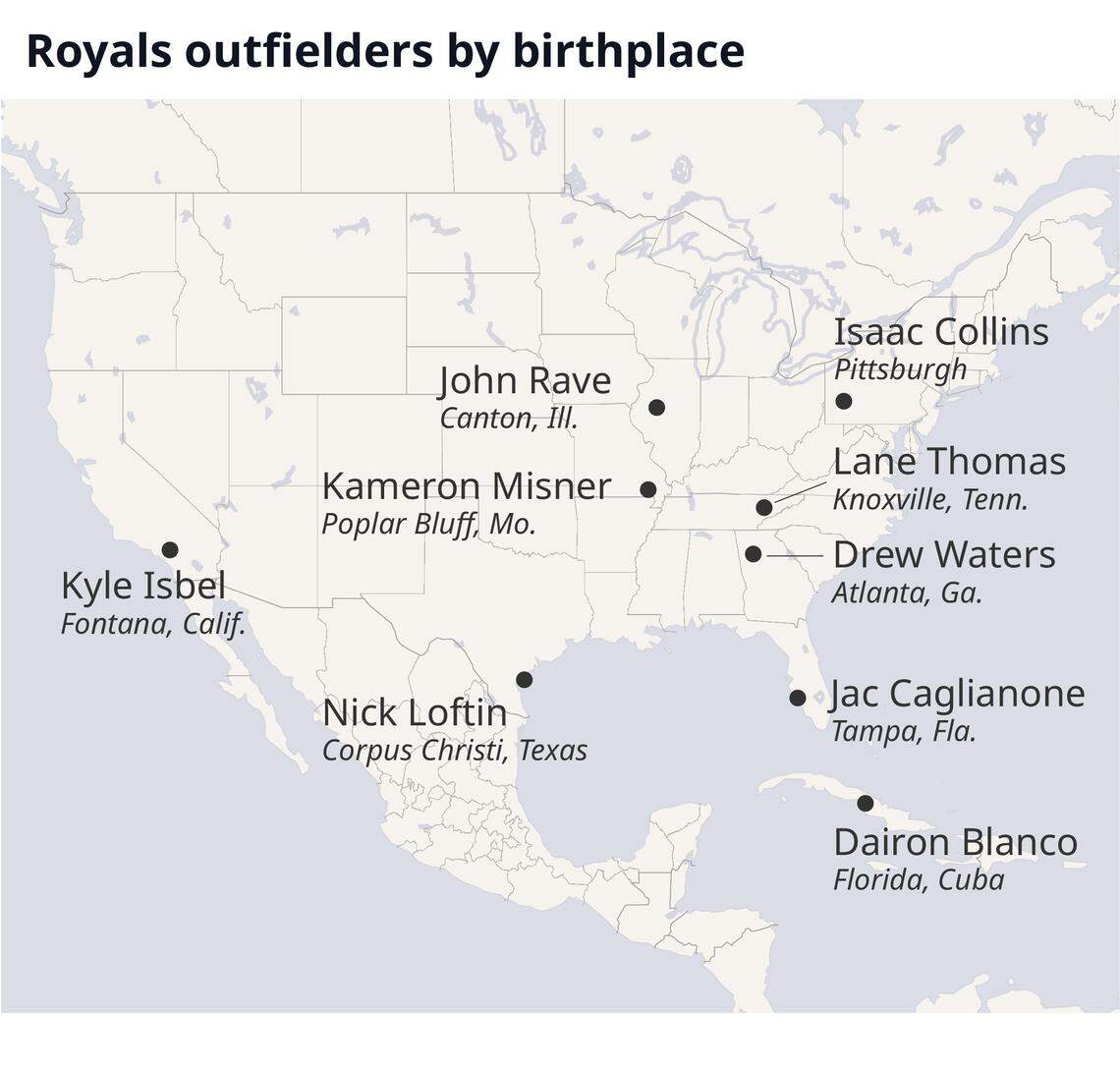 A map showing the birthplaces of current Royals outfielders.