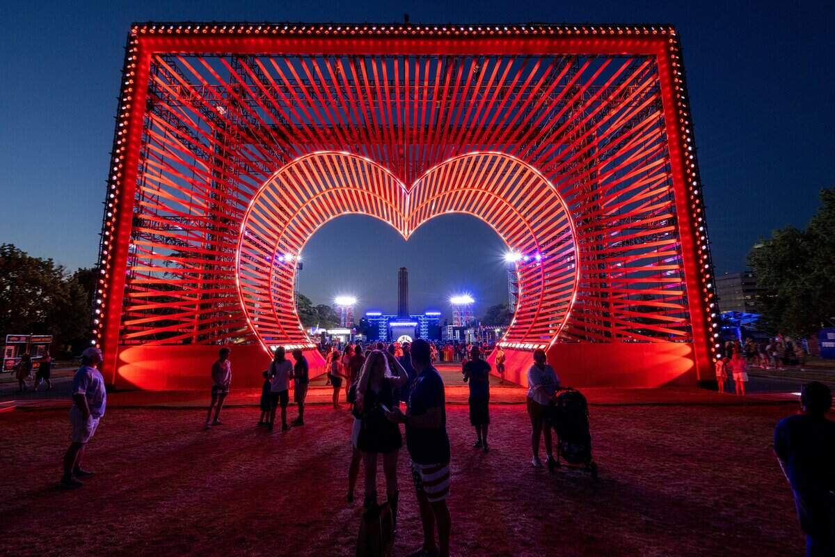 The Heart of America sculpture illuminates at FIFA Fan Festival on Monday, July 6, 2026, in Kansas City.