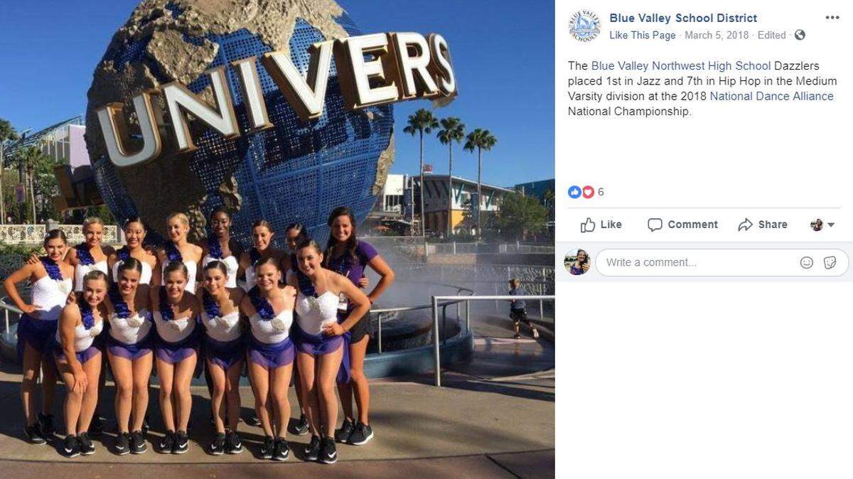 On March 5, 2018, the Blue Valley School District posted congratulations to the Blue Valley Northwest High School Dazzlers for placing at the 2018 National Dance Alliance National Championship. In a lawsuit, former student Camille Sturdivant alleges that she experienced racial discrimination while Carley Fine (top row, right) was head coach of the team. She’s suing Fine, Blue Valley Schools, a district principal and teacher.