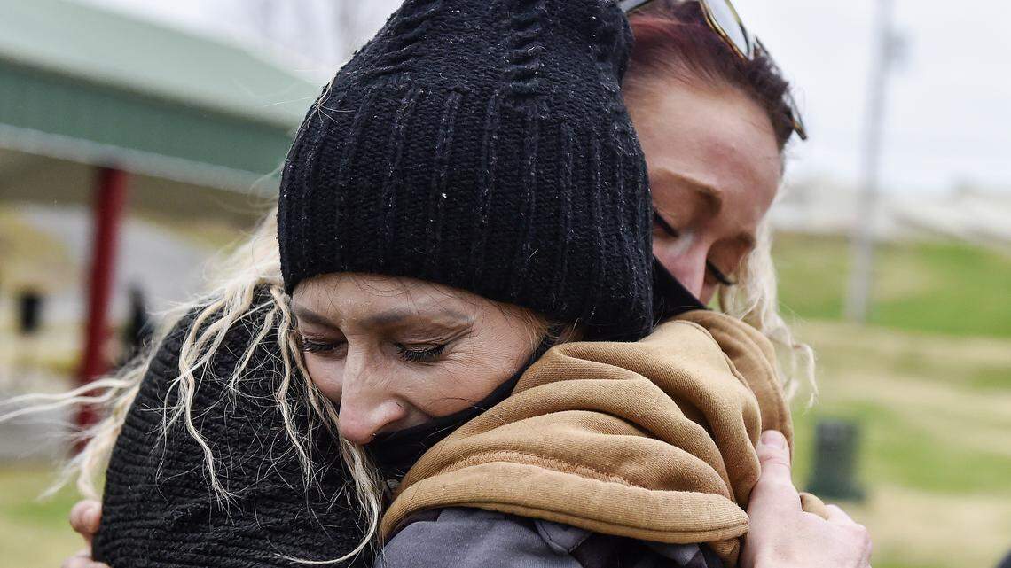 Amanda Householder, left, daughter of Boyd and Stephanie Householder, and D’Nae Hetrick reunited after 11 years at a rally in November in Stockton, Missouri. The last time they saw each other was in 2009 at Circle of Hope.