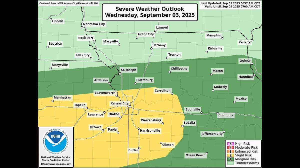 Severe weather is possible Wednesday afternoon and evening with large hail up to 2 inches in diameter and damaging winds up to 60 mph being the main threats, according to the National Weather Service. Folks should expect the storms between 4 and 9 p.m.