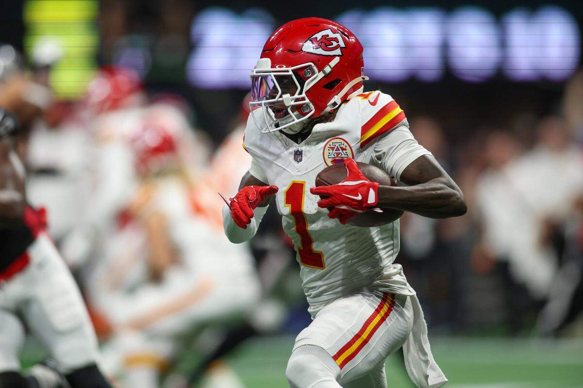 Kansas City Chiefs wide receiver Xavier Worthy runs after a catch during Sunday night’s game against the Atlanta Falcons at the Mercedes-Benz Stadium.