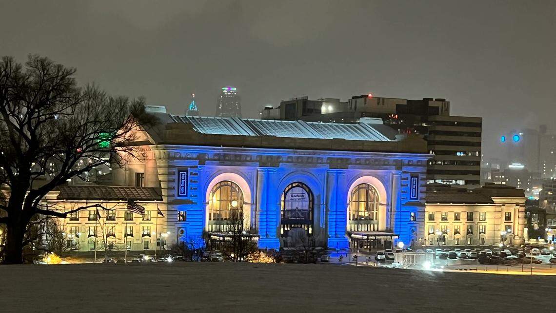 Kansas City’s Union Station was lit blue and yellow Thursday night in a show of solidarity with Ukraine following Russia’s attack on the Eastern European country. 