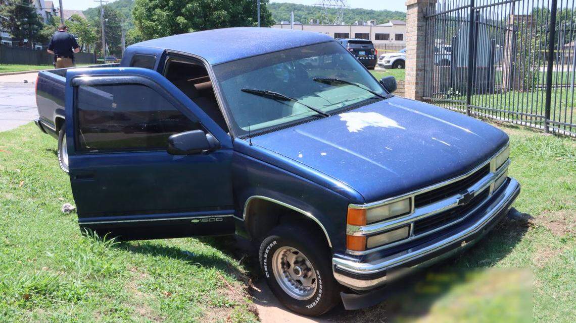 This stolen pickup truck crashed before one of the accused car thieves was killed with his own knife, police said.