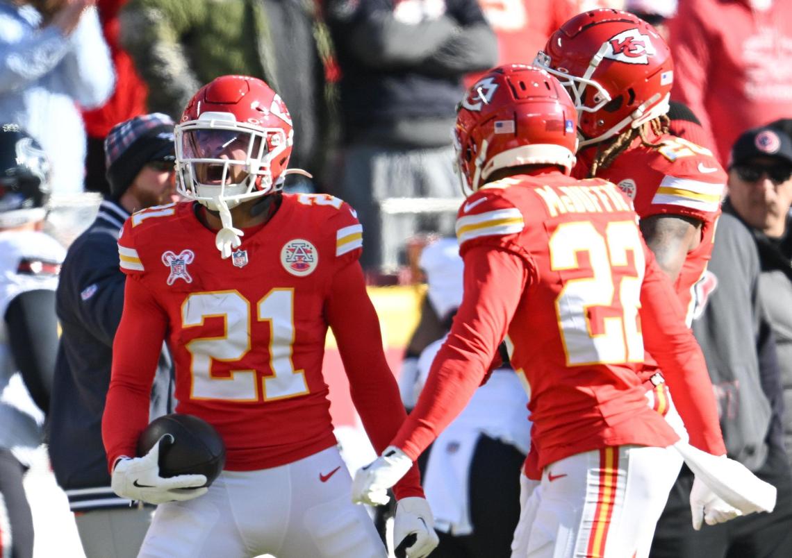 Kansas City Chiefs safety Jaden Hicks (21) celebrates after intercepting a Houston Texans pass in the first quarter on Saturday, Dec. 21, 2024, at GEHA Field at Arrowhead Stadium.