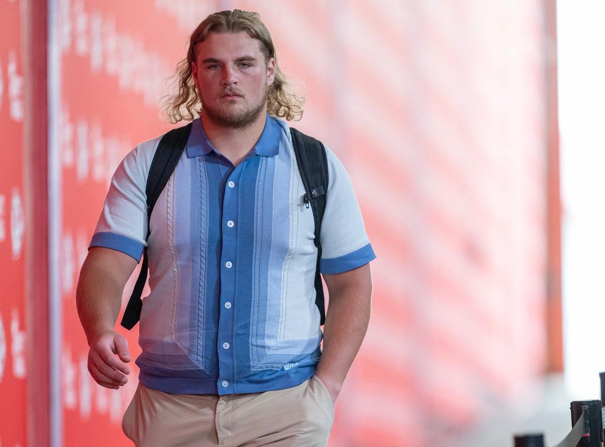 Chiefs offensive lineman C.J. Hanson arrives for the game against the Chicago Bears on Thursday. (082224, Arrowhead Stadium)