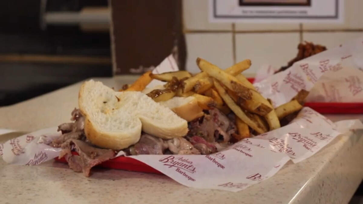 Arthur Bryant's beef and fries at the ordering window.