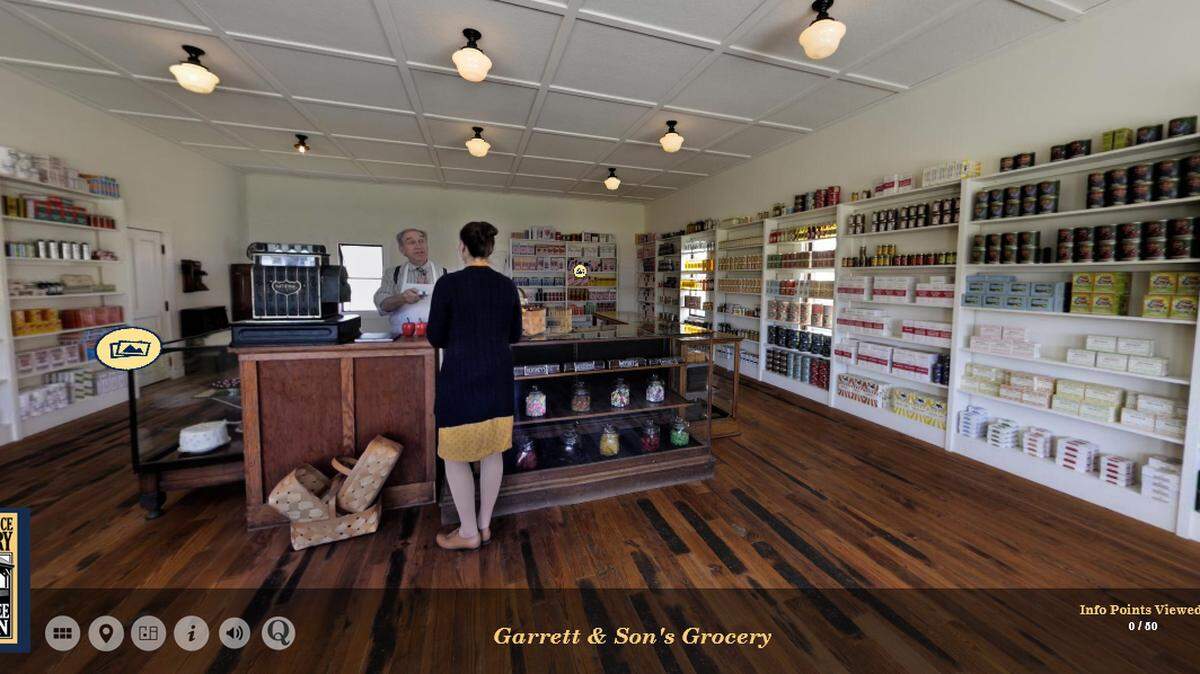 Clicking through the virtual tour, you can visit all the buildings at Shawnee Town 1929, including the grocery store.