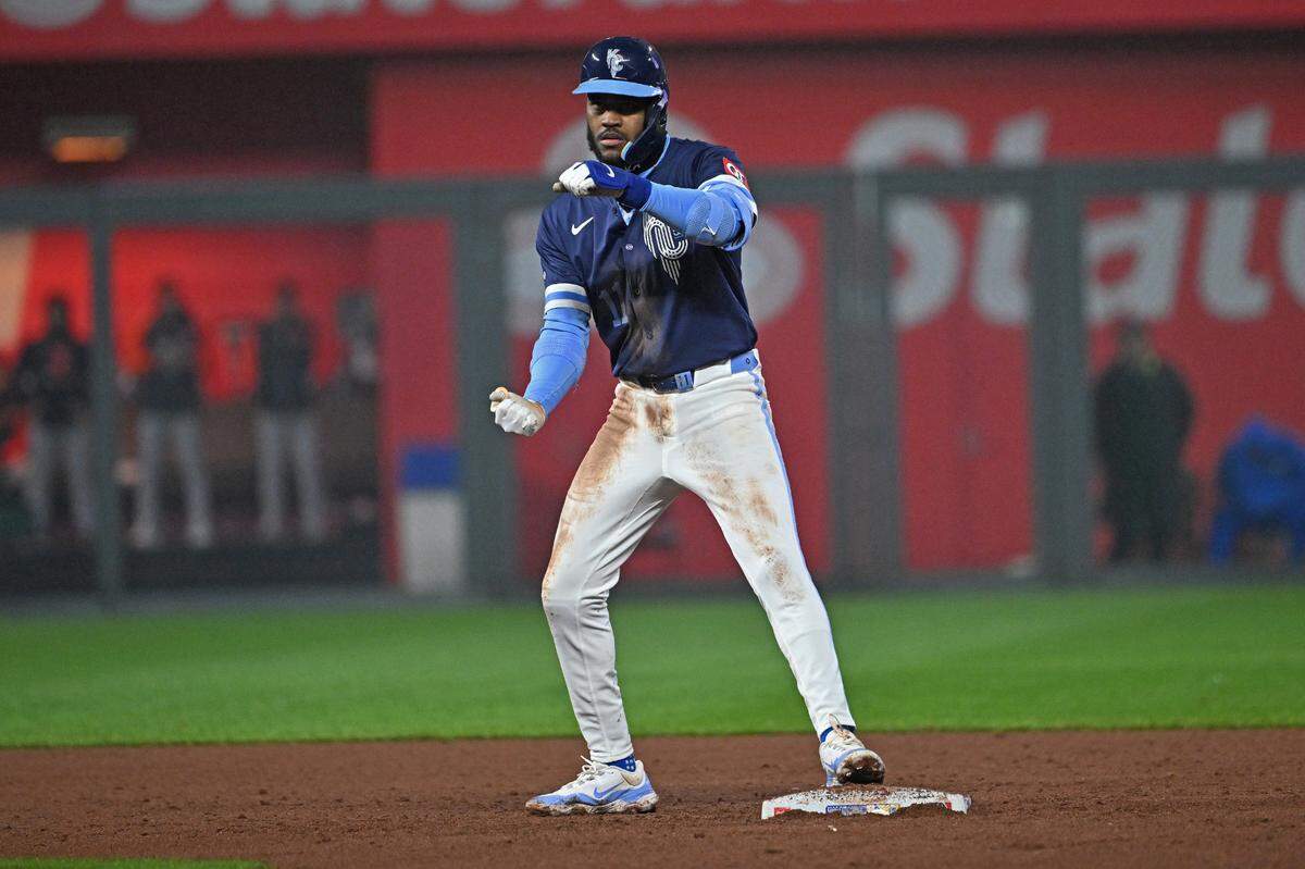 Kansas City Royals third baseman Maikel Garcia (11) reacts after hitting an RBI double in the eighth inning against the Baltimore Orioles at Kauffman Stadium on Apr 4, 2025 in Kansas City, Missouri, USA.