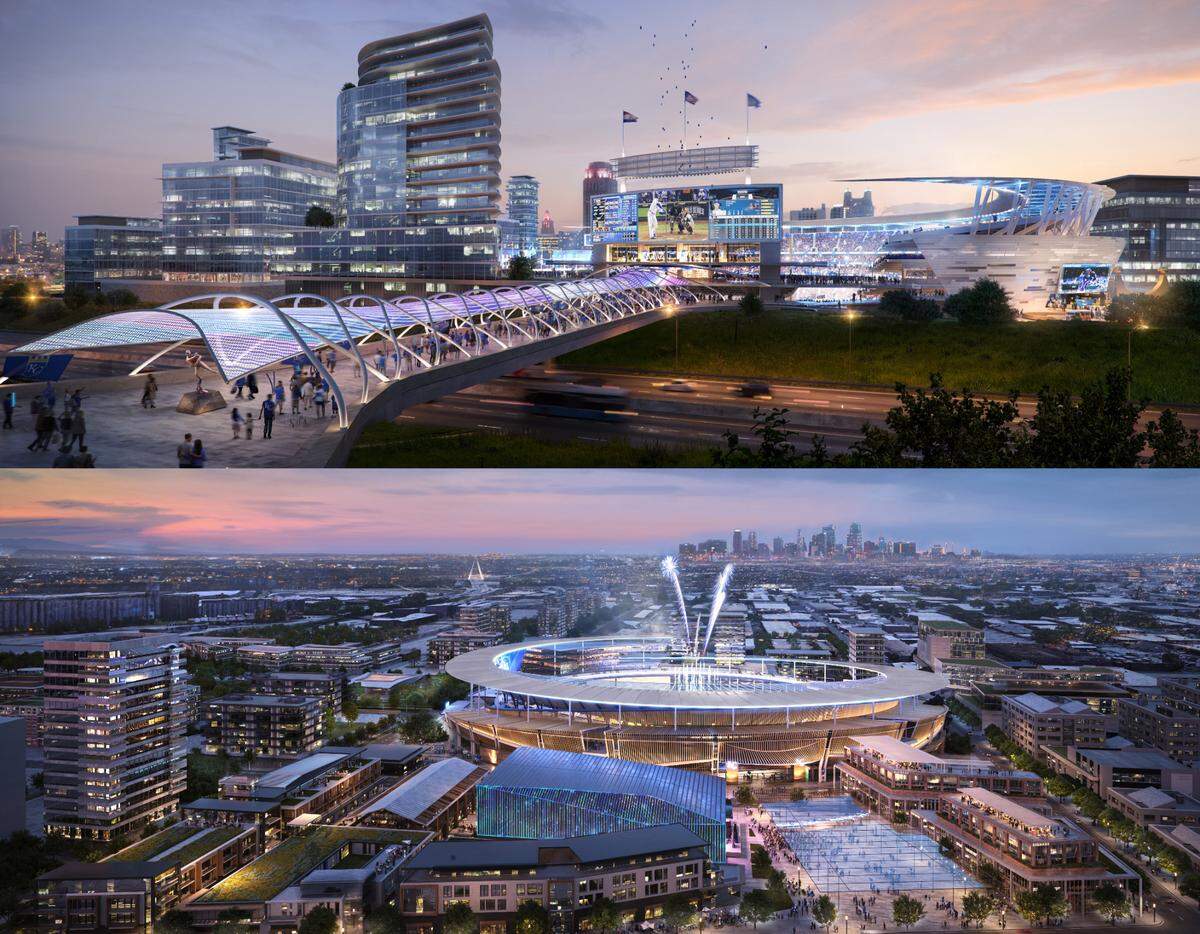 Renderings from stadium design firm Populous show concepts of what a new Kansas City Royals stadium might look like located in the East Village area of downtown Kansas City, top, and North Kansas City, bottom.