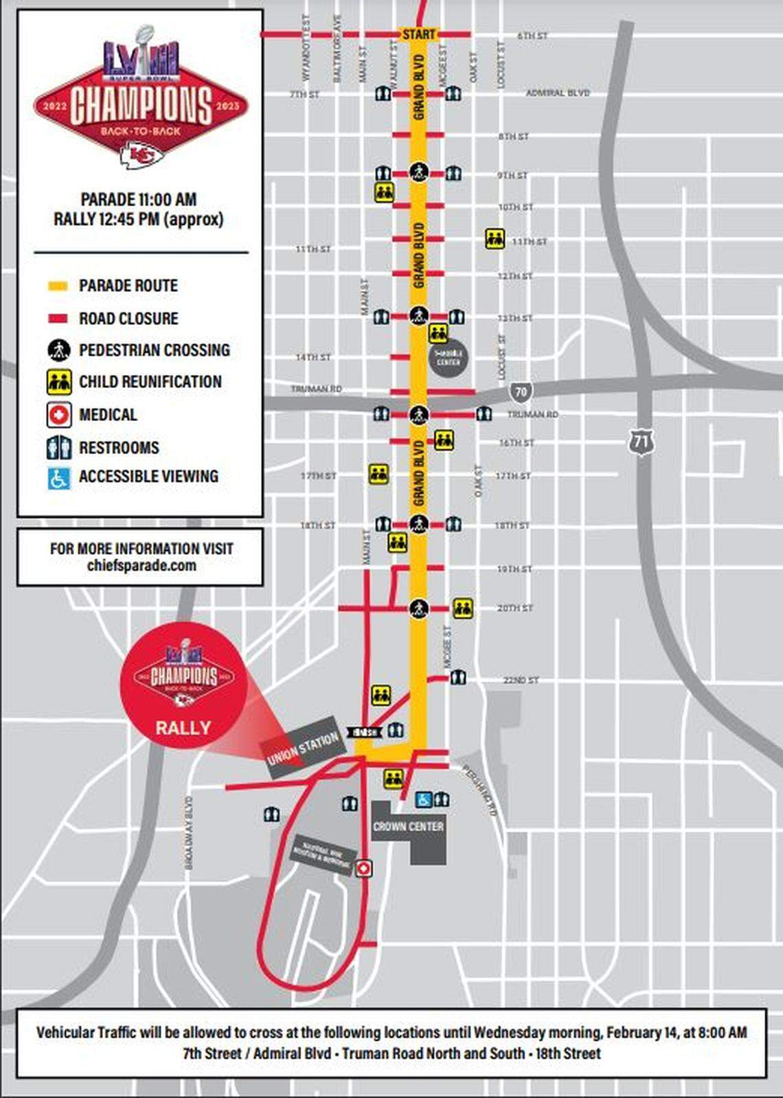 A map of the Super Bowl parade route scheduled for Wednesday in Kansas City shows road closures and public facilities.