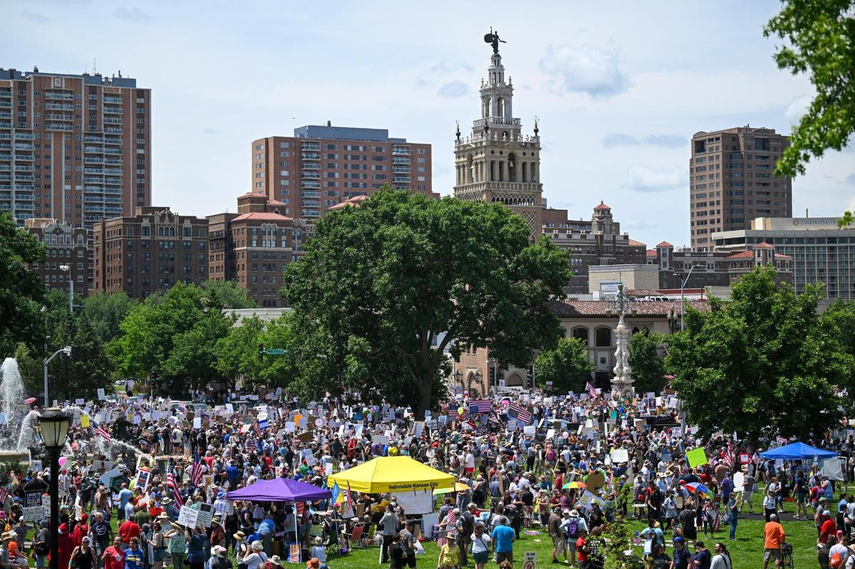 A large crowd gathers during the “No Kings” rally Saturday, June 14, 2025, at Mill Creek Park in Kansas City.