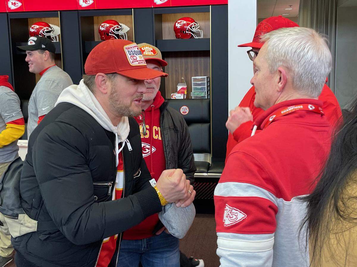 Michael Bublé talked with Chiefs radio voice Mitch Holthus in the locker room after the AFC Championship Game.