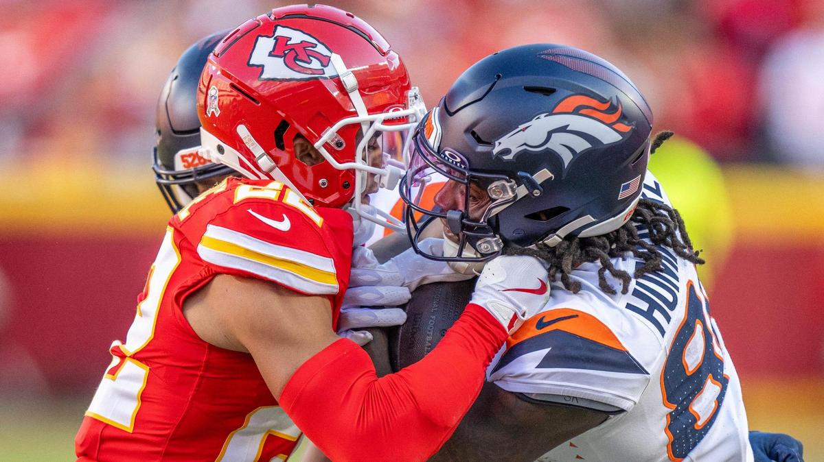 Kansas City Chiefs cornerback Trent McDuffie (22) tackles Denver Broncos wide receiver Lil’Jordan Humphrey (84) in the fourth quarter during and NFL game against the Denver Broncos on Sunday, Nov. 10, 2024, at GEHA Field at Arrowhead Stadium.