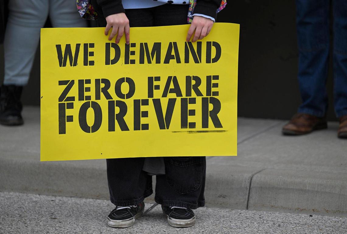 Members of Sunrise Movement KC opposed the elimination of RideKC’s zero-fare program for the KCATA bus transit system as members showed up to protest and make their voices heard at the Board of Commissioners meeting Wednesday, Dec. 20, 2023, at the Breen Administration Building in Kansas City. The Board is considering re-implementing bus fares, which have been free for about the past four years.