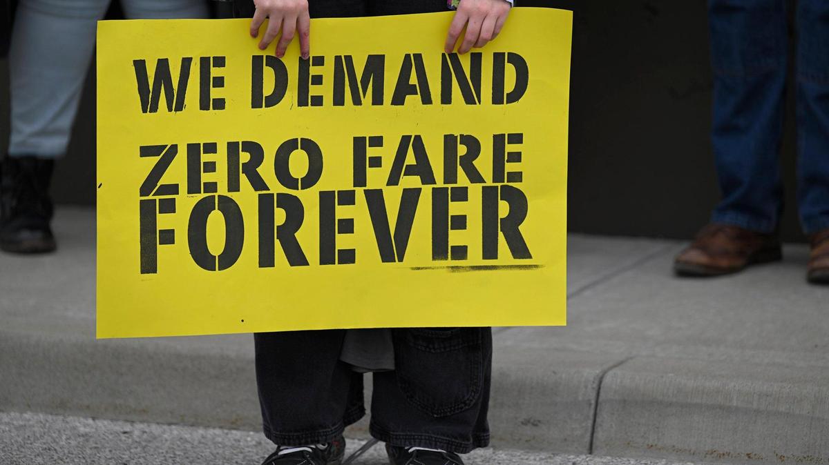 Members of Sunrise Movement KC opposed the elimination of RideKC’s zero-fare program for the KCATA bus transit system as members showed up to protest and make their voices heard at the Board of Commissioners meeting Wednesday, Dec. 20, 2023, at the Breen Administration Building in Kansas City. The Board is considering re-implementing bus fares, which have been free for about the past four years.