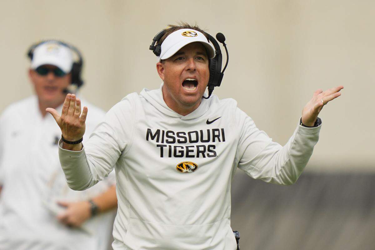 Missouri Tigers head coach Eli Drinkwitz reacts during the second half of the game against the Alabama Crimson Tide at Faurot Field at Memorial Stadium on Oct. 11, 2025.