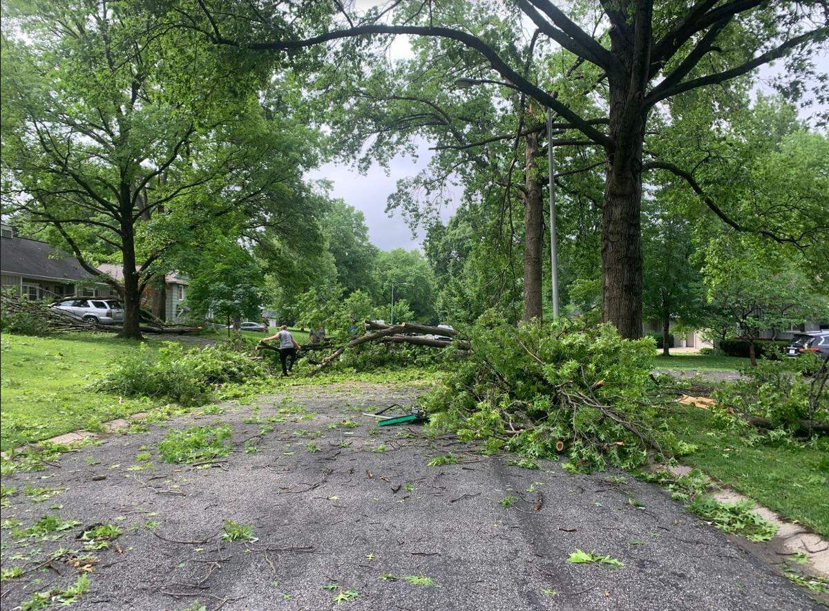 A tree limb blocks the road on Windsor Street near 95th Street in Leawood, Kansas on Wednesday morning after overnight tornadoes swept across Kansas City. Residents and lawn care services cut pieces off of the large tree limb, attempting to clear the path.