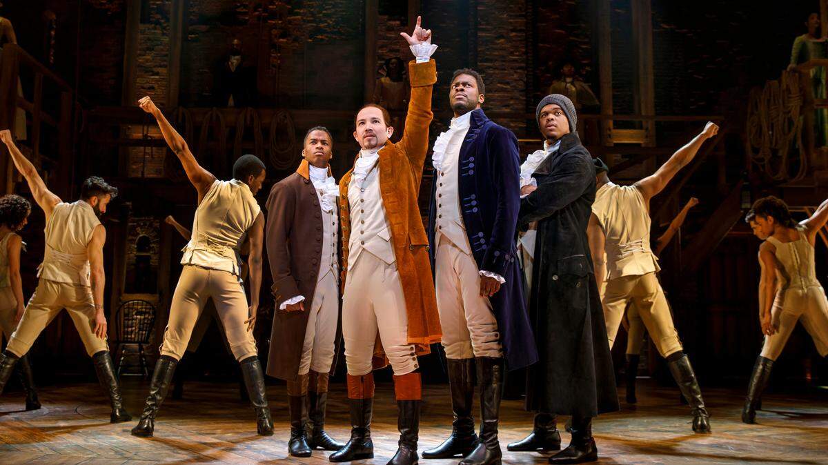 The “Hamilton” tour at Kansas City’s Music Hall includes these revolutionaries, from left: Elijah Malcomb as John Laurens, Joseph Morales as Alexander Hamilton, Kyle Scatliffe as Marquis de Lafayette (he later plays Thomas Jefferson) and Fergie L. Philippe as Hercules Mulligan.