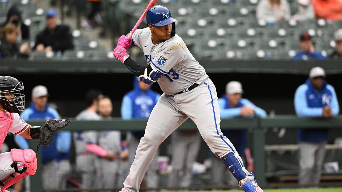 Kansas City Royals’ Salvador Perez takes an at-bat against the Baltimore Orioles in the second game of a baseball doubleheader, Sunday, May 8, 2022, in Baltimore. (AP Photo/Gail Burton)