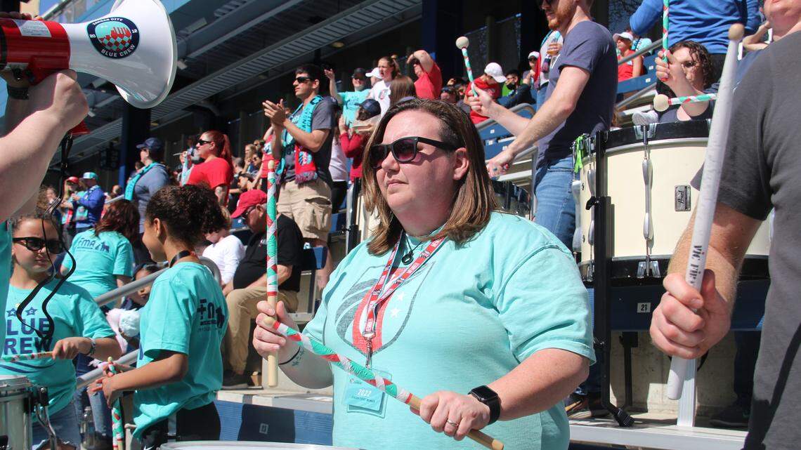 Carrie Epperson and the Surface Tension drumline spice up the atmosphere during Kansas City Current home games at Children’s Mercy Park in KCK.