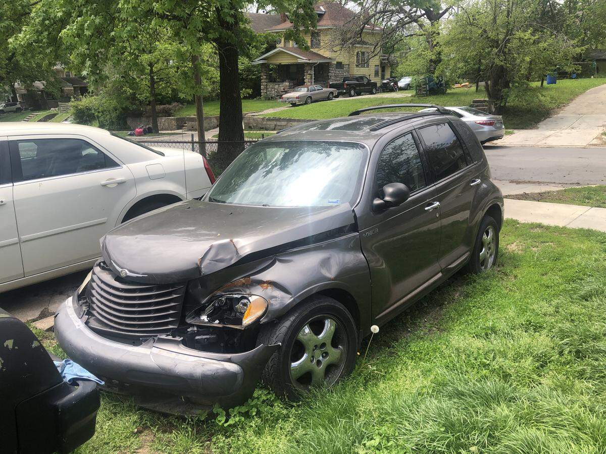 A Chrysler PT Cruiser belonging to Zikaya Barfield, 22, is damaged after a Feb. 17 wreck with a Kansas City police car. Kansas City police investigators said the officer caused the crash.