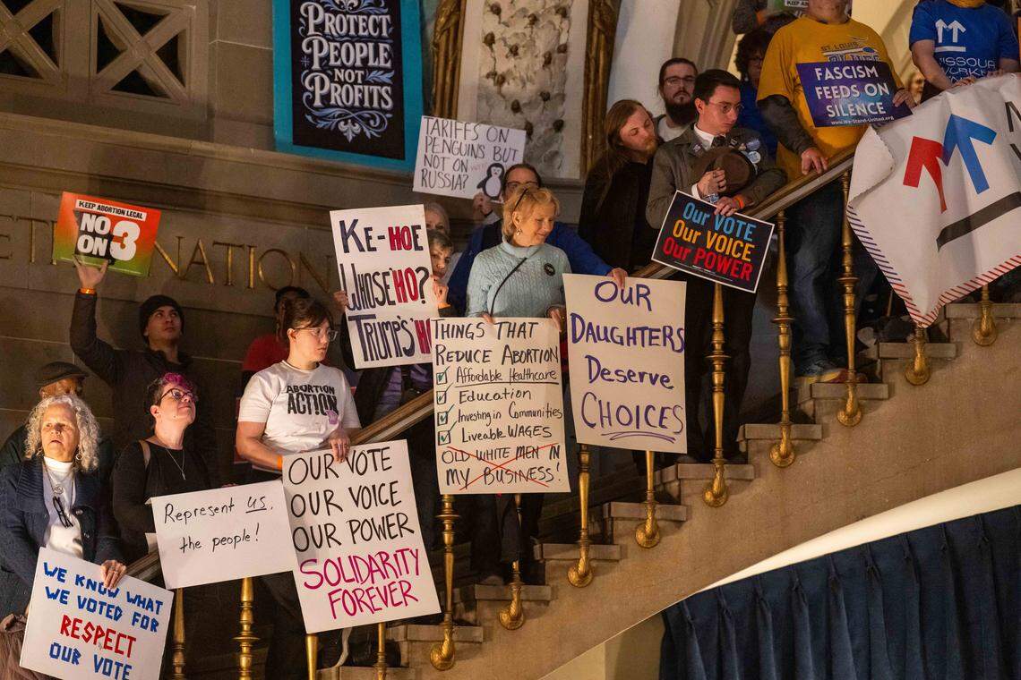 Protesters listen to speakers in the Missouri State Capitol rotunda on Wednesday, January 21, 2026 in Jefferson City. Organizations and allies gathered to protest recent Missouri lawmaker's decisions.