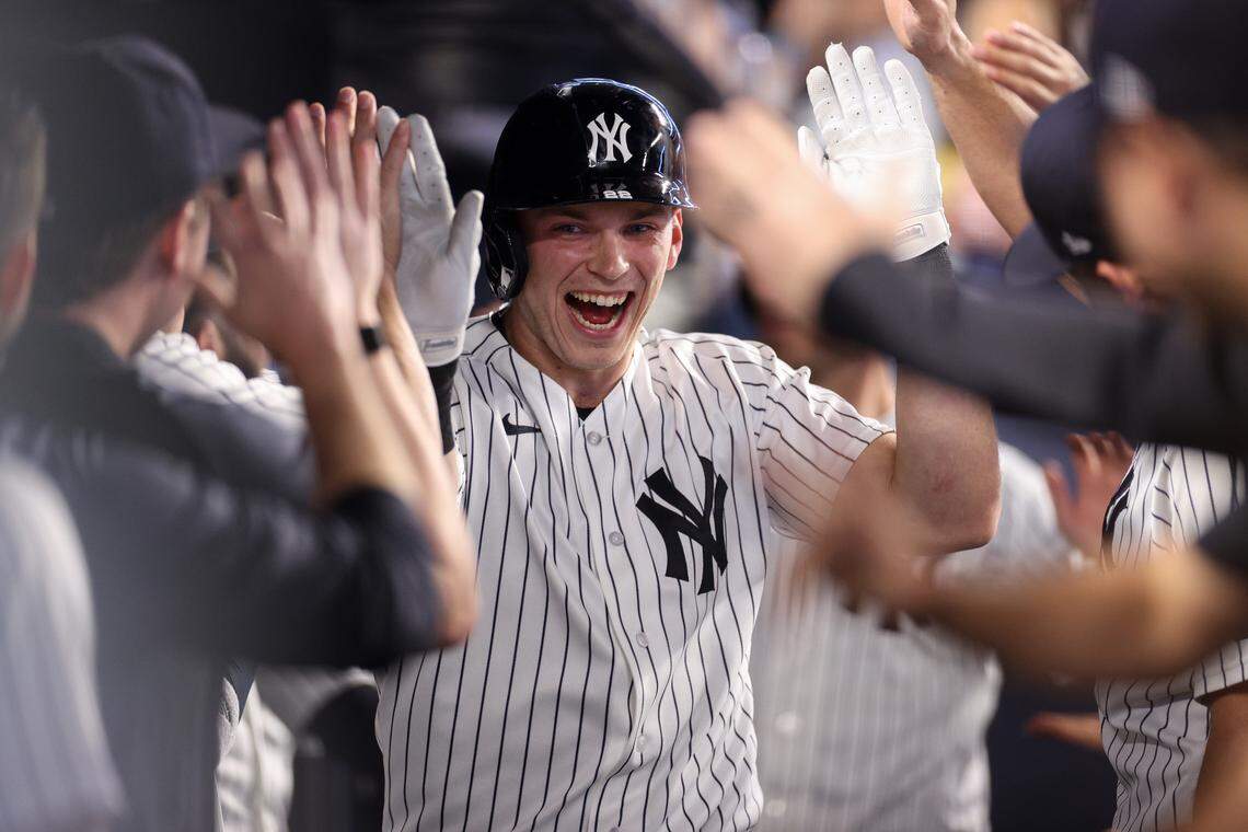 Ben Rice #22 of the New York Yankees celebrates his two-run home run in the fourth inning against the Kansas City Royals at Yankee Stadium on April 17, 2026 in New York City.