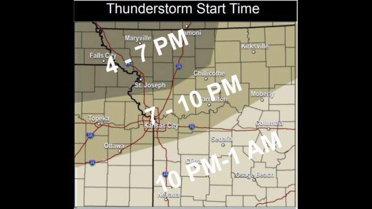 Severe weather is expected along a cold front that will move through the Kansas City area on Tuesday, according to the National Weather Service. Large hail, damaging winds and maybe a tornado are possible. This graphic by the weather service shows the timing of the storms.