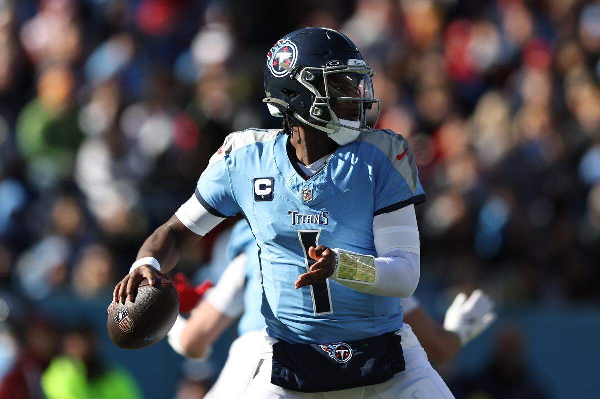 Titans quarterback Cam Ward looks to pass against the Kansas City Chiefs during an NFL Week 16 game at Nissan Stadium in Nashville on Sunday, Dec. 21, 2025.