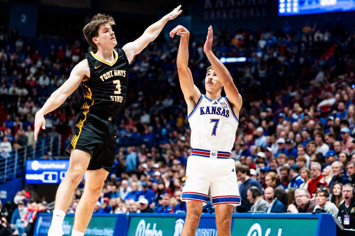 Kansas Jayhawks guard Kohl Rosario shoots during an exhibition game against Fort Hays State at Allen Fieldhouse in Lawrence on Oct. 28, 2025.