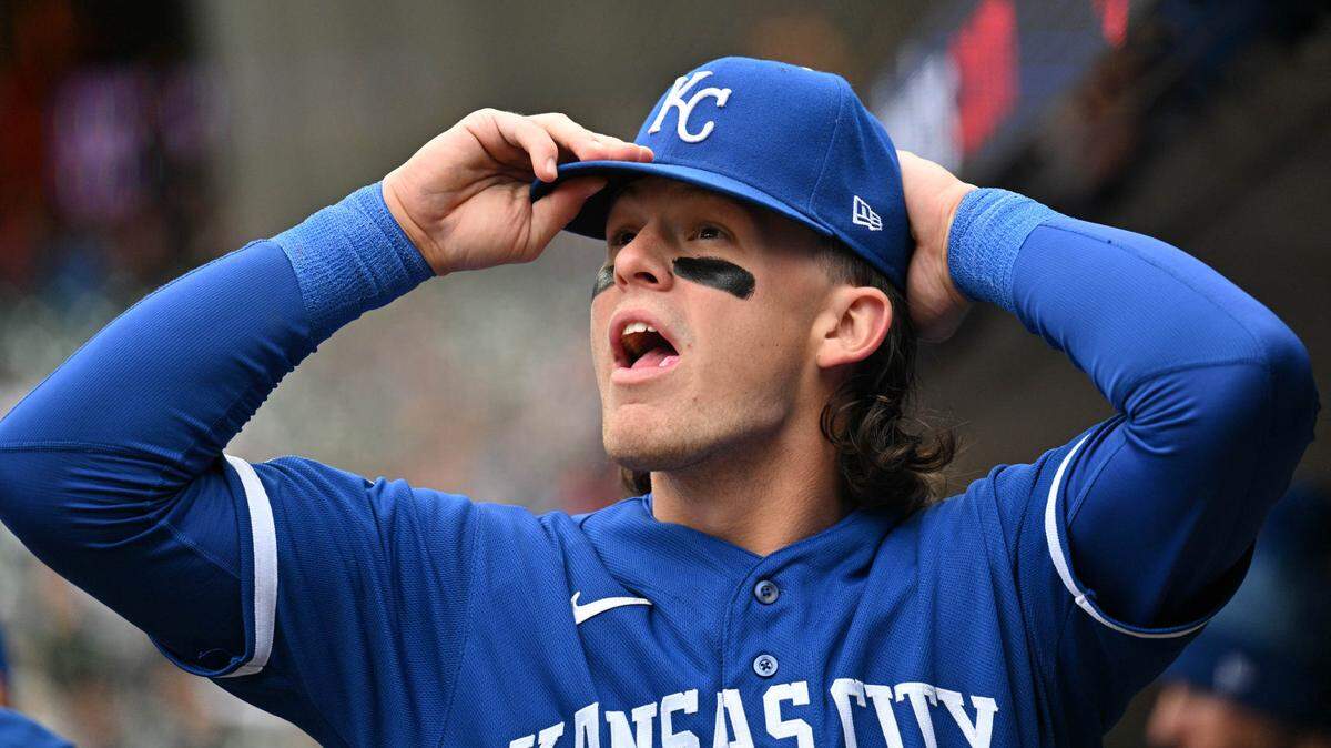 Kansas City Royals shortstop Bobby Witt Jr. (7) watches a replay during the first inning at Target Field in Minneapolis on April 29, 2023.