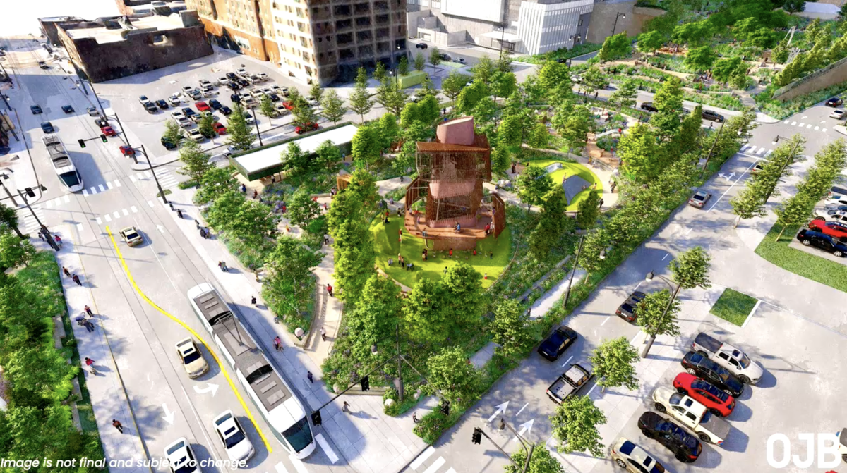 A rendering shows the future Luminary Park, which will be built over Interstate 670 in downtown Kansas City.