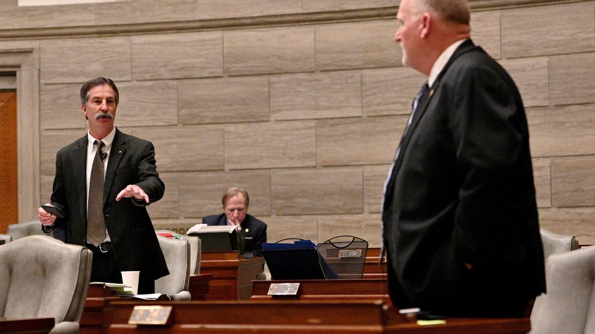 Sen. Mike Moon, R-Ash Grove, left, and Senate President Dave Schatz, on the Senate floor in February.