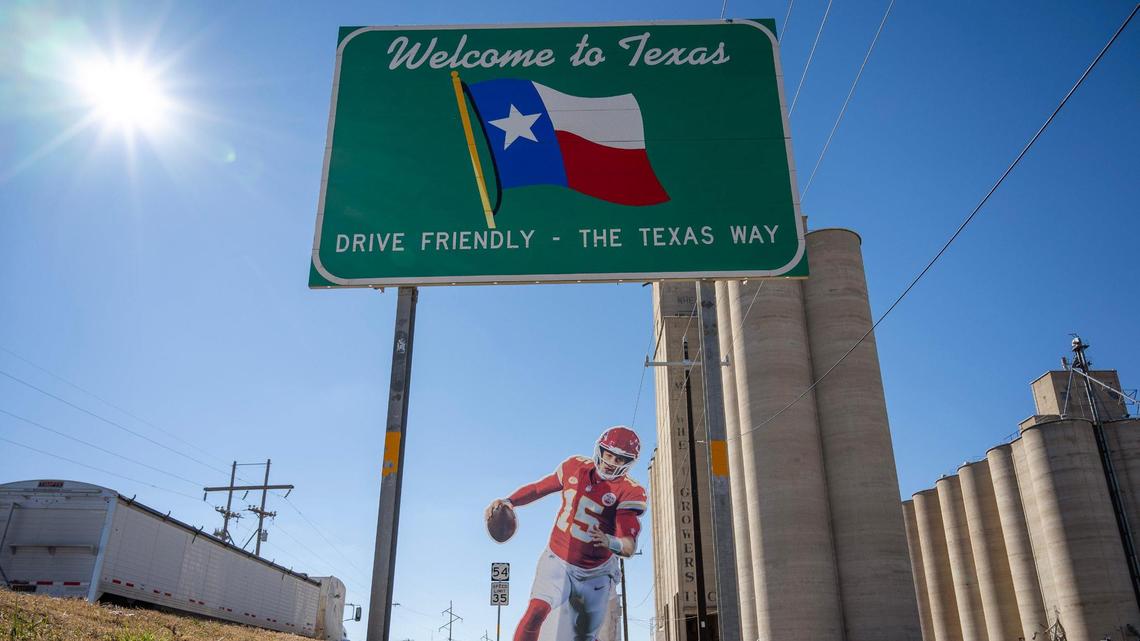 A life-size cutout featuring Kansas City Chiefs quarterback Patrick Mahomes stands next to a Texas welcome sign on Monday, Feb. 5, 2024, in Goodwell, Texas. The cutout is part of The Kansas City Star Kingdom Road Trip en route to Super Bowl LVIII in Las Vegas.