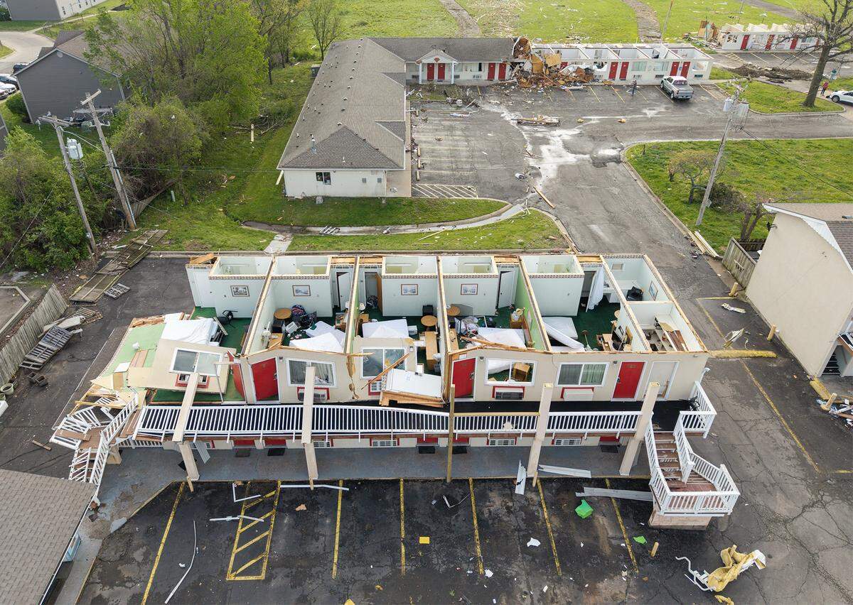 The Knights Inn, 1641 S. Main St., showed heavy damage on Tuesday, April 14, 2026, in Ottawa, Kansas, after a tornado moved through the town Monday night. No injuries were reported in Ottawa.