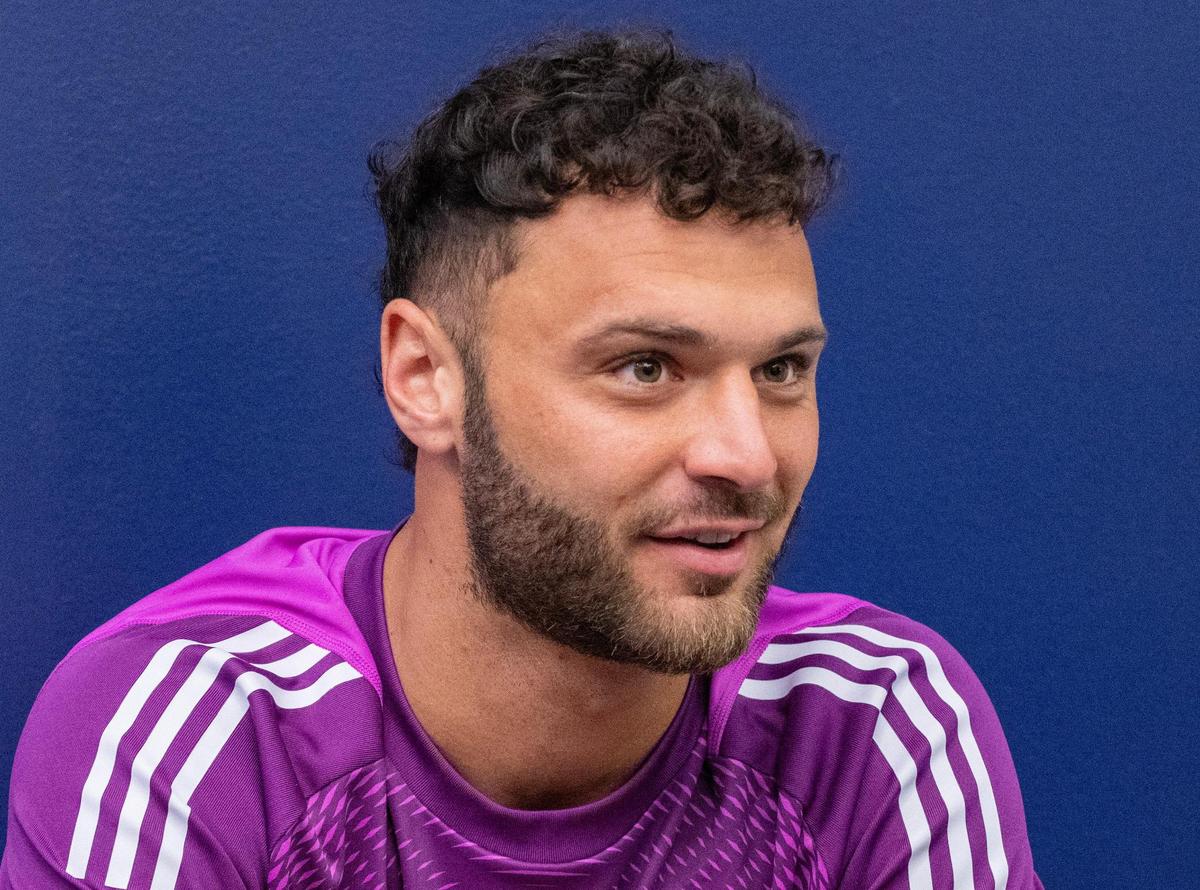 Sporting Kansas City goalkeeper John Pulskamp meets with reporters during media day at Children’s Mercy Park on Friday, Feb. 14, 2025, in Kansas City, Kansas.