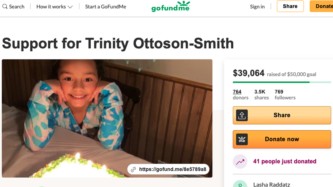 9-year-old Trinity Ottoson-Smith died Thursday, nearly two weeks after a stray bullet struck her while jumping on a trampoline, according to police and her family.