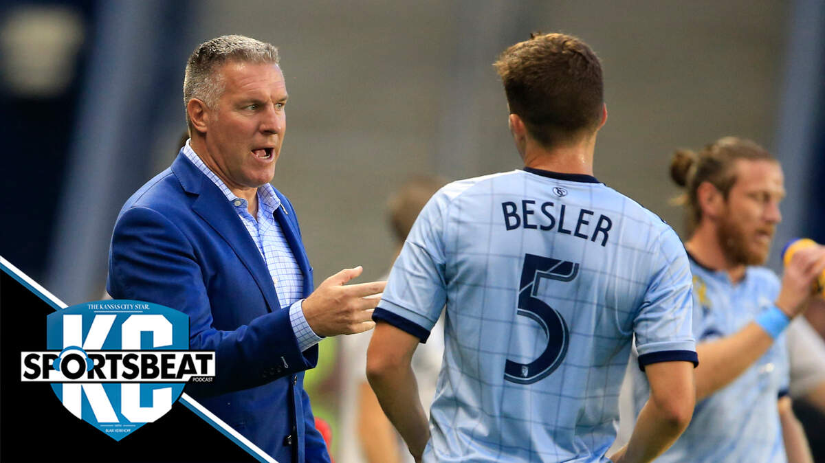 Sporting Kansas City coach Peter Vermes, left, and defender Matt Besler (5) during the first half of an MLS soccer match against the Houston Dynamo in Kansas City, Kan., Friday, Sept. 9, 2016. (AP Photo/Orlin Wagner)