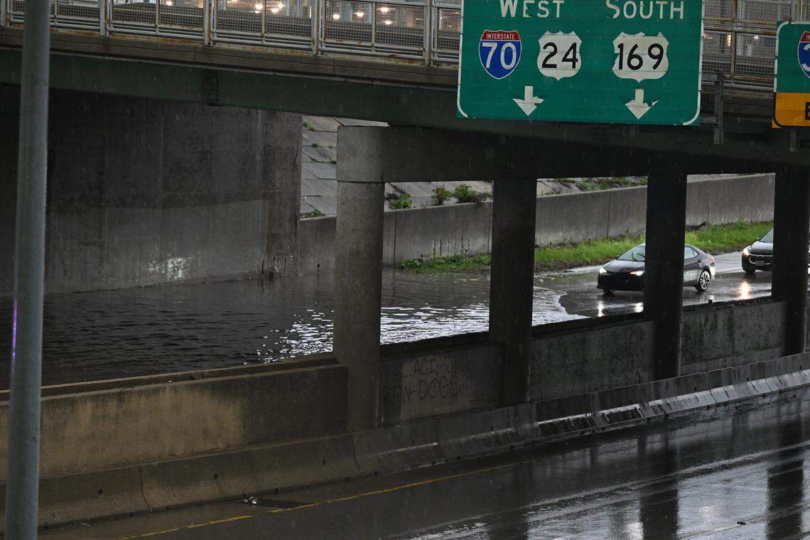 Flooding is seen on Interstate 35 in the downtown loop on Friday, April 17, in Kansas City.