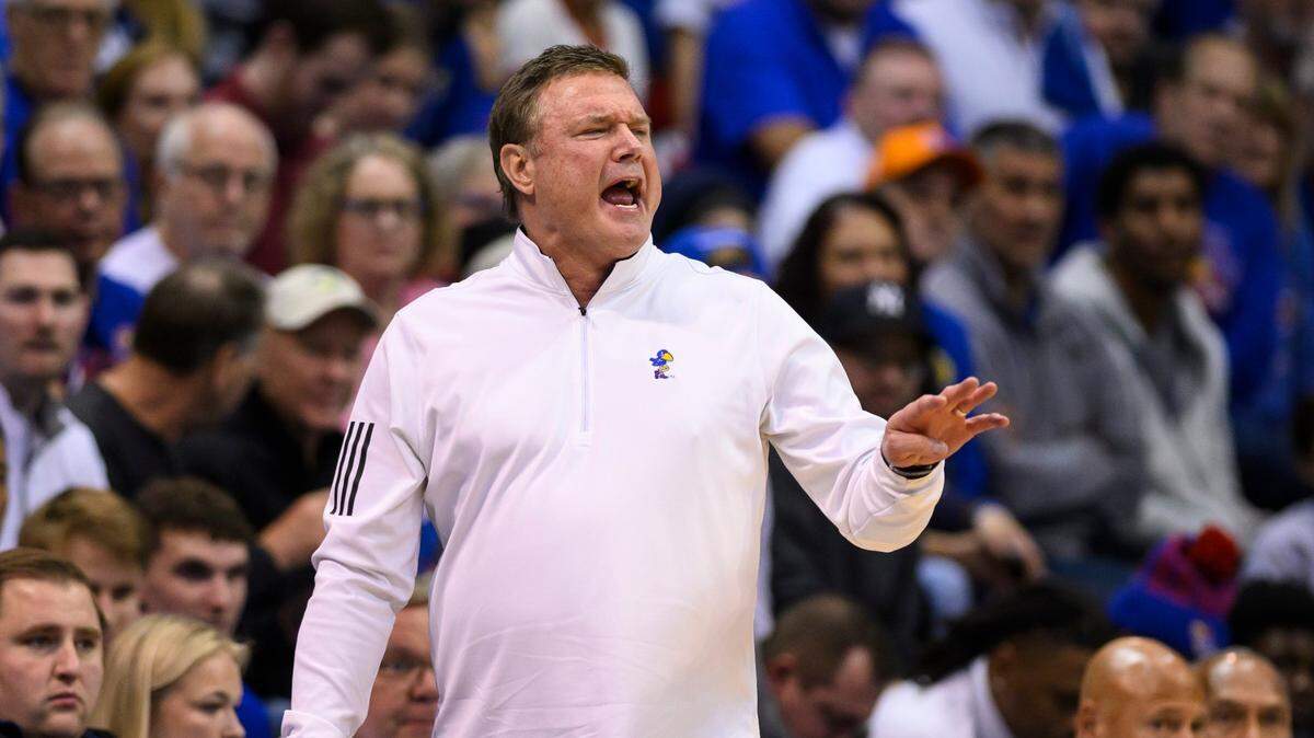 Kansas Jayhawks men’s basketball coach Bill Self hollers directions to his team during the second half of Saturday’s game against the Hoosiers at Allen Fieldhouse in Lawrence, Kan.