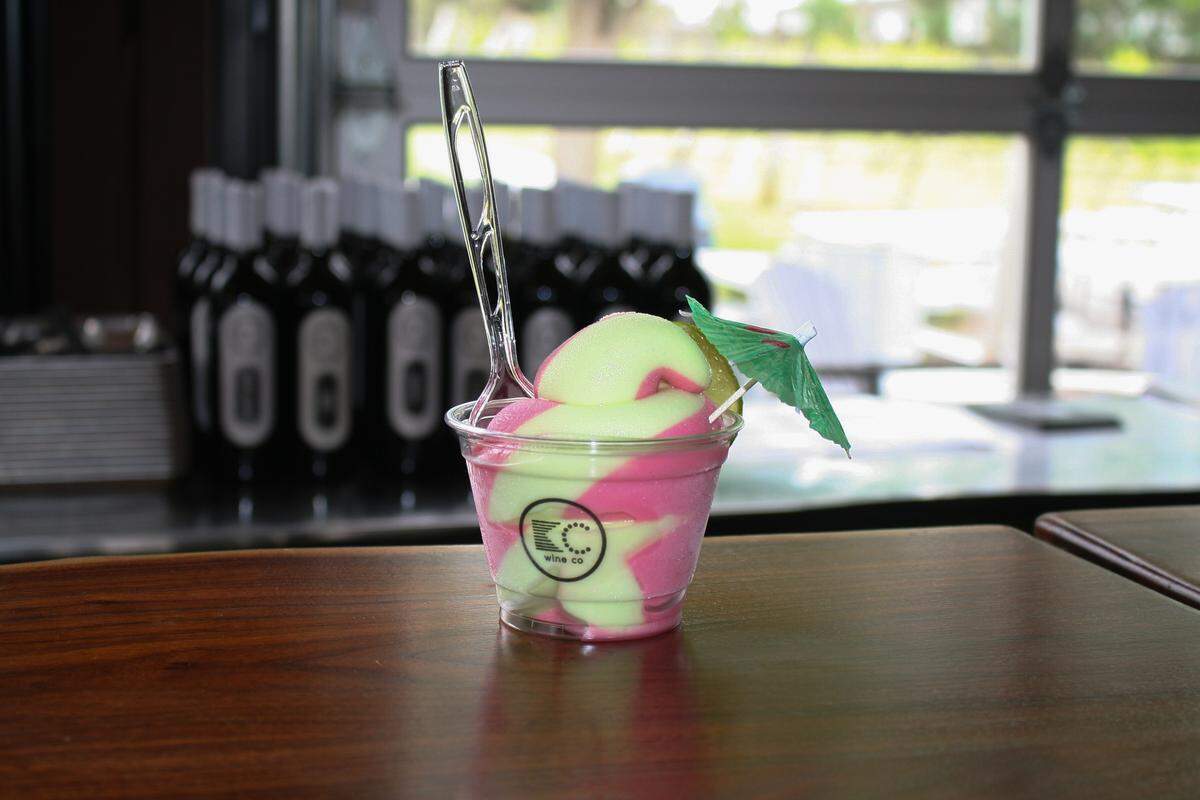KC Wine Co’s soft-serve margarita in the lime-and-strawberry swirl flavor.