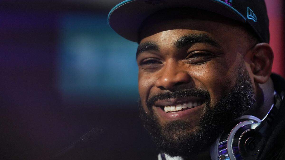 Philadelphia Eagles defensive end Brandon Graham speaks to the media at the Footprint Center in downtown Phoenix during the NFL’s Super Bowl opening night on Feb. 6, 2023.