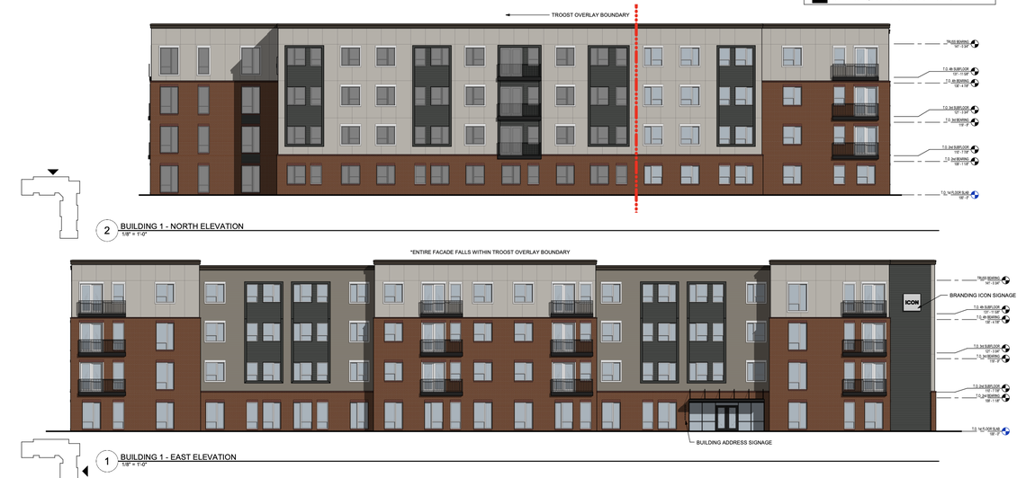 Renderings of one of the two planned new apartments buildings off Troost Avenue and Linwood Boulevard that, between them, would add 194 new affordable housing units.