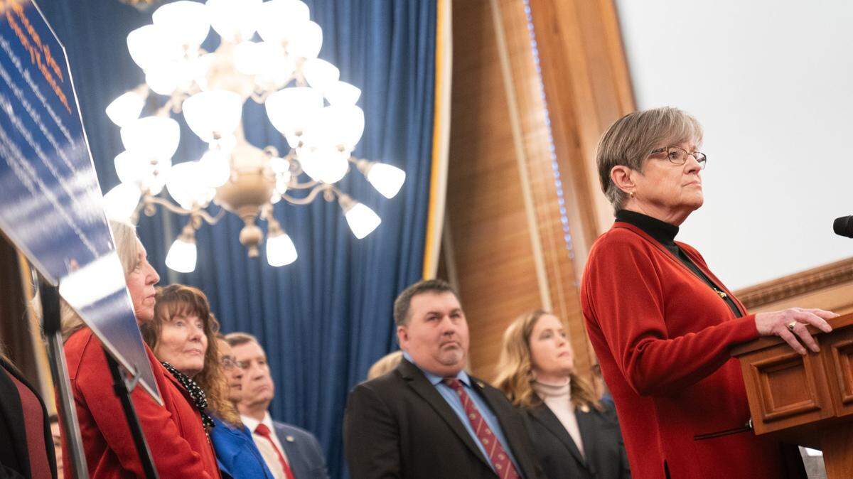 Gov. Laura Kelly awaits questions after a press conference in January.
