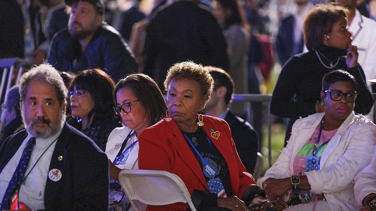 People wait for election results at a Kamala Harris election watch party at Howard University in Washington DC.  (Photo by Aaron Schwartz/Sipa USA)