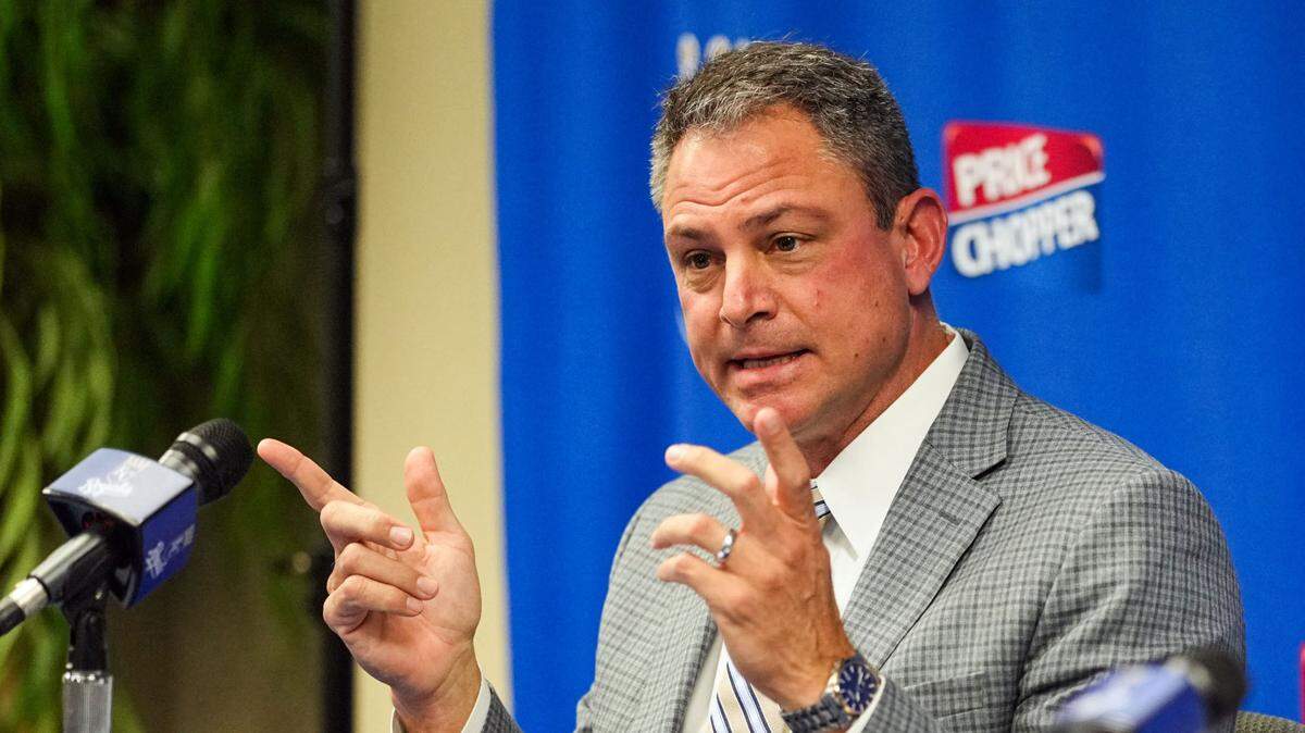 Kansas City Royals general manager J.J. Picollo talks with media during a press conference at Kauffman Stadium. 